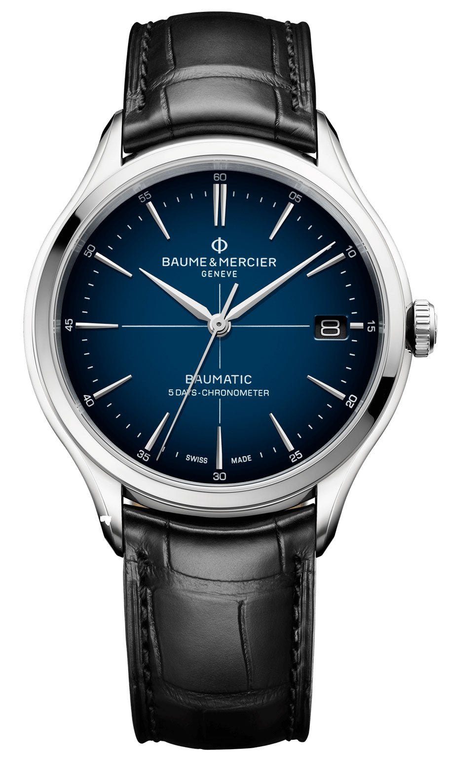 Baume & Mercier Clifton Baumatic COSC Automatic Blue Dial Steel Black Leather Mens Watch M0A10467