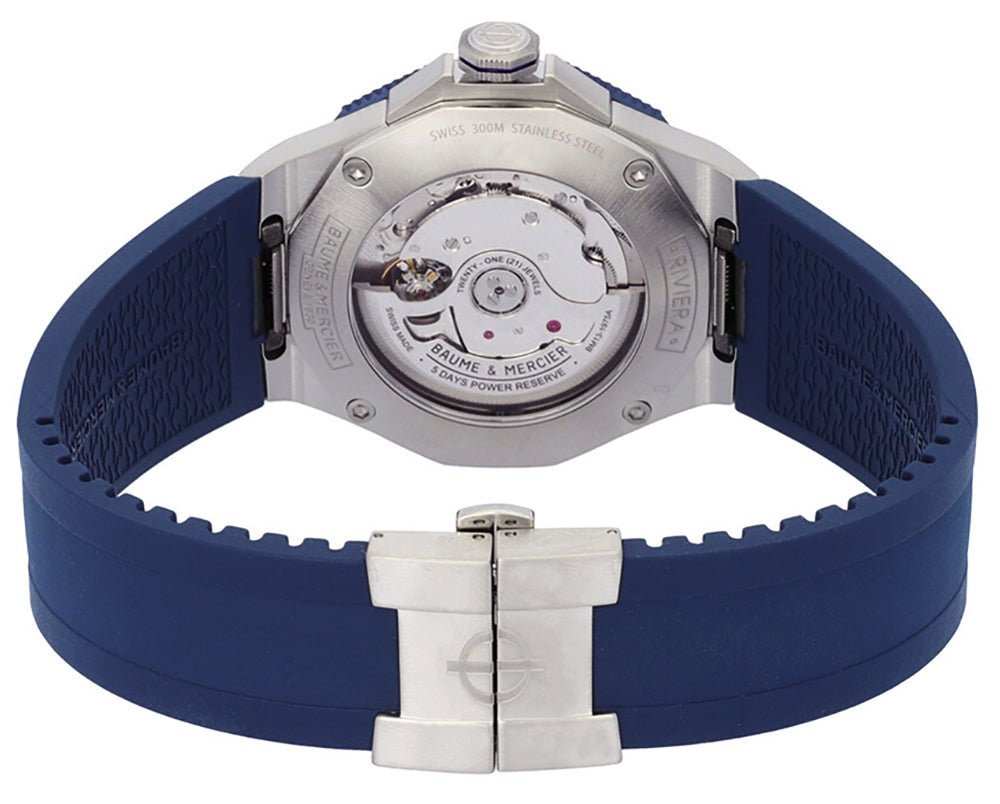Baume & Mercier Riviera Automatic Stainless Steel Blue Dial Blue Rubber Strap Date Divers Mens Watch M0A10716