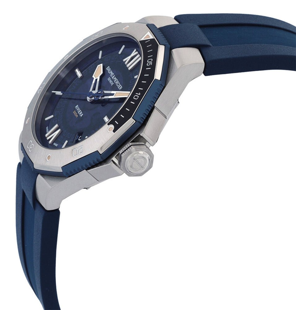 Baume & Mercier Riviera Automatic Stainless Steel Blue Dial Blue Rubber Strap Date Divers Mens Watch M0A10716