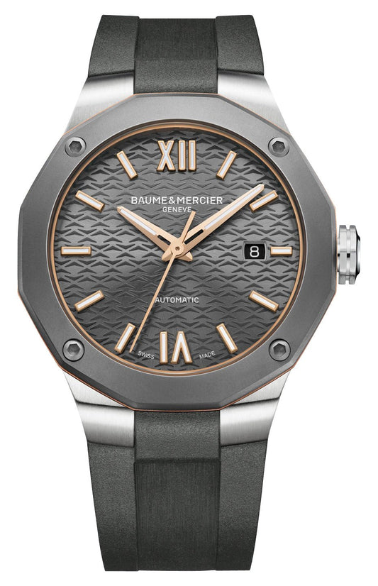 Baume & Mercier Riviera Automatic Stainless Steel & Titanium Gray Dial Gray Rubber Strap Date Mens Watch M0A10660