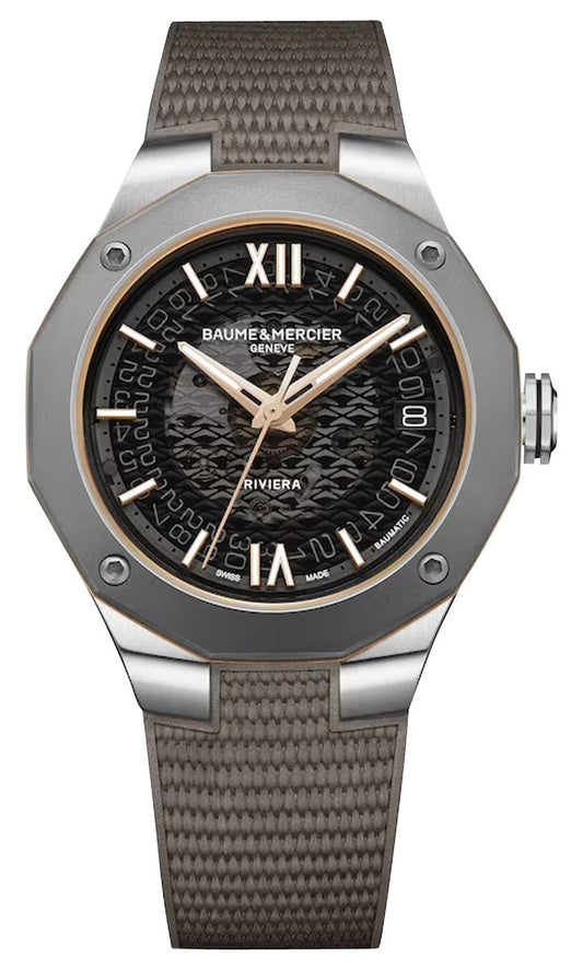 Baume & Mercier Riviera Automatic Stainless Steel & Titanium Gray Dial Gray Rubber Strap Date Unisex Watch M0A10720