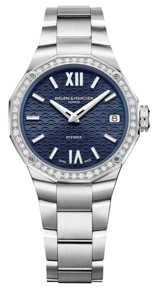 Baume & Mercier Riviera Stainless Steel Blue Dial Diamonds Date Quartz Womens Watch M0A10765