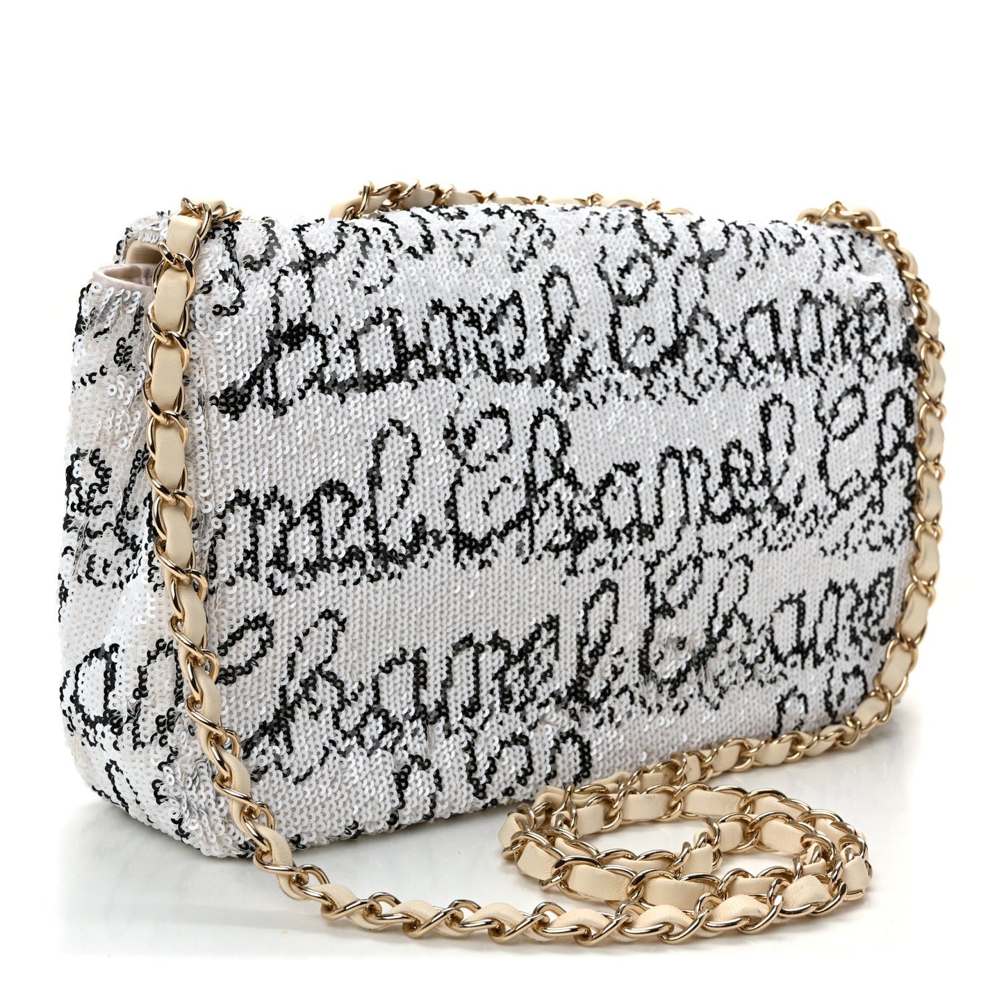 Sequin Logo Medium Flap White Black
