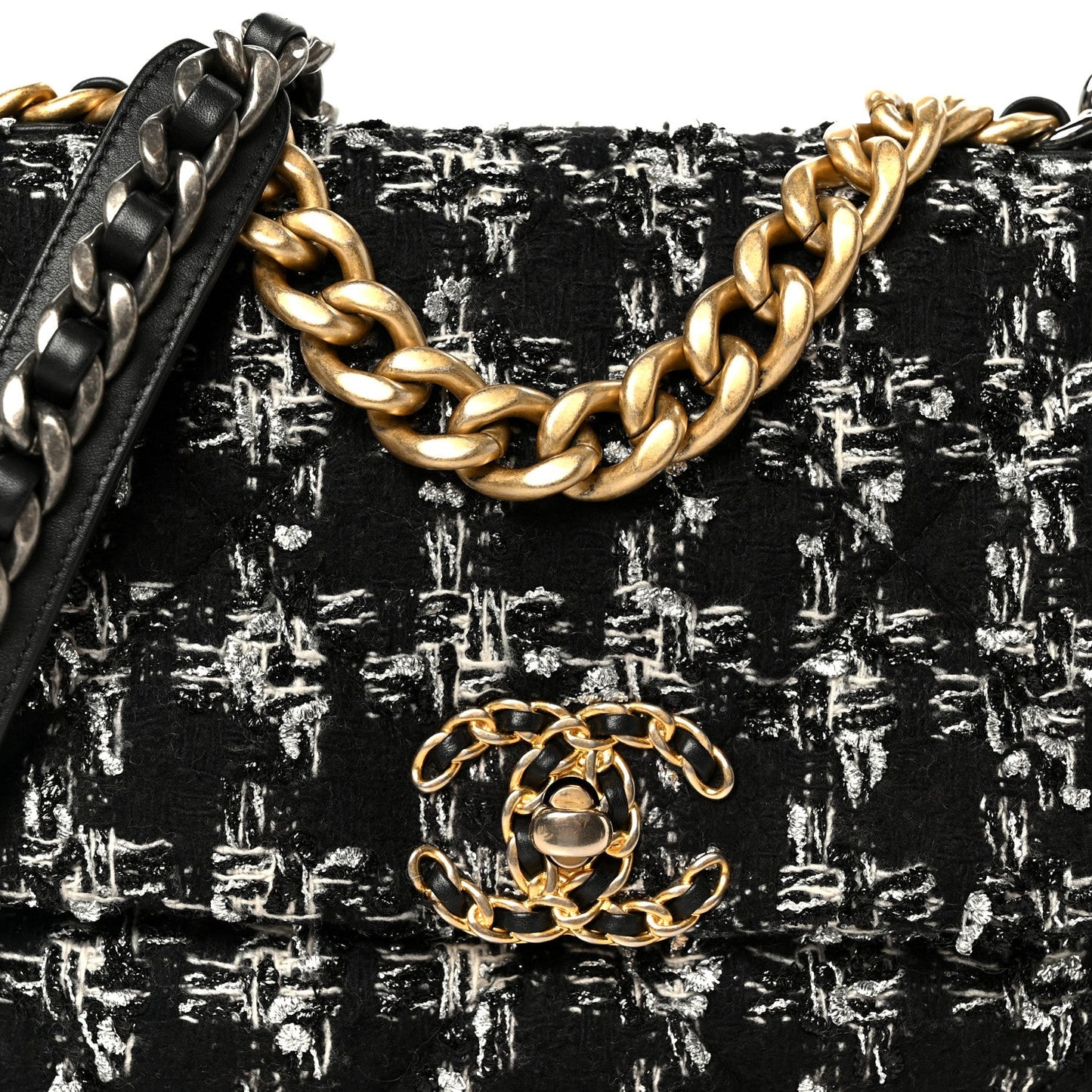Tweed Quilted Medium Chanel 19 Flap Black Silver Ecru