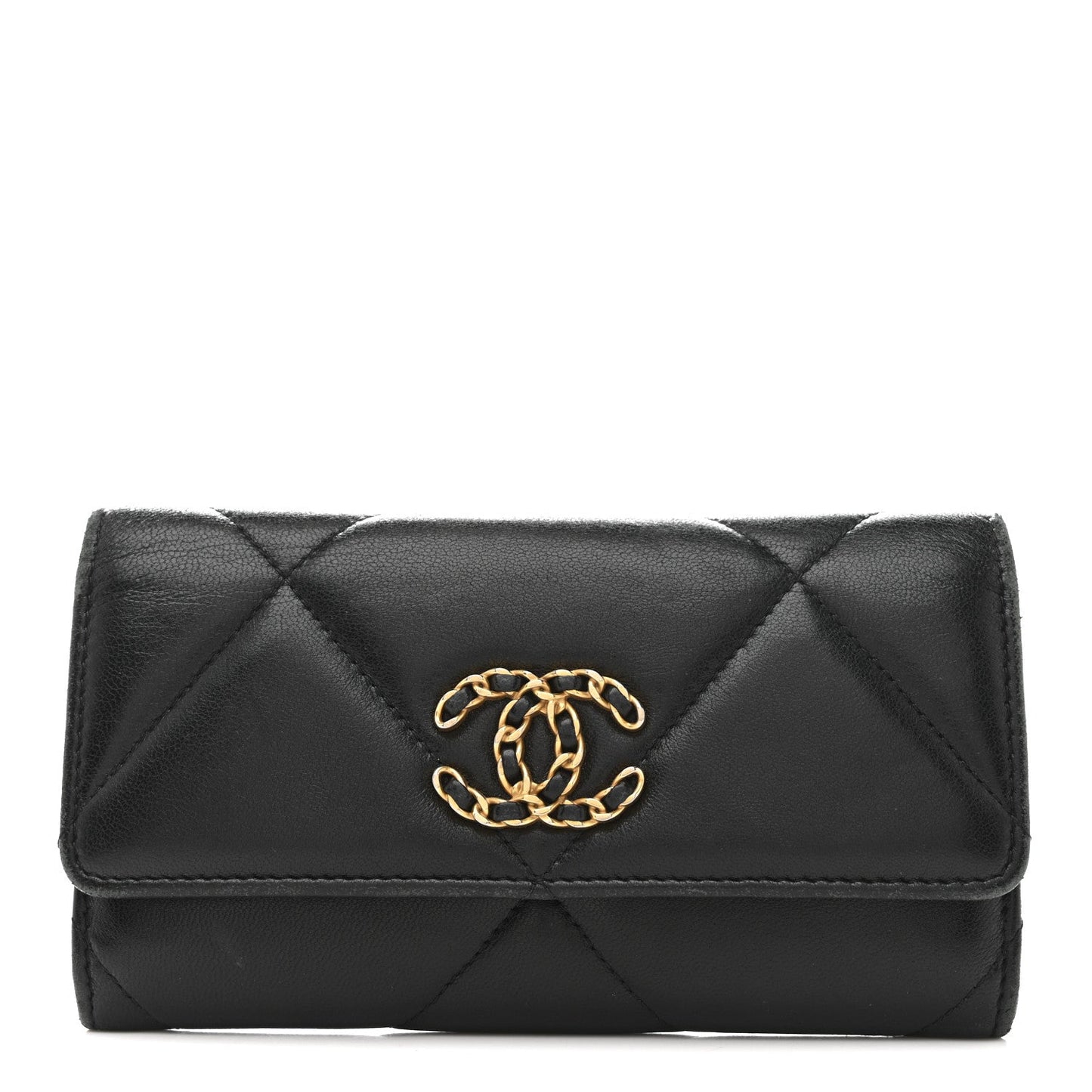 Shiny Goatskin Quilted Chanel 19 Flap Wallet Black