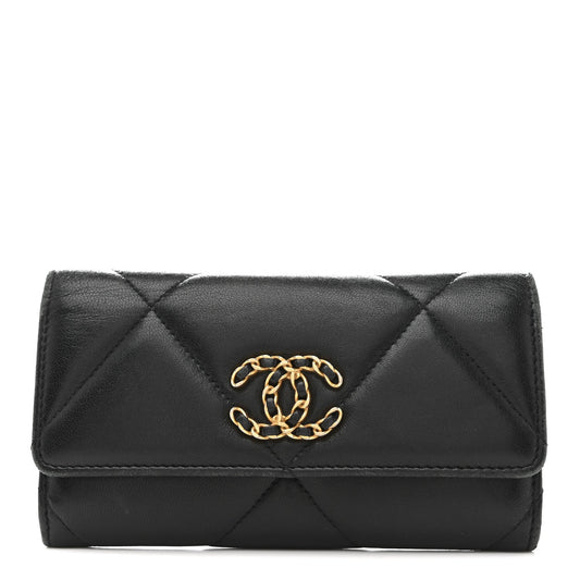 Shiny Goatskin Quilted Chanel 19 Flap Wallet Black