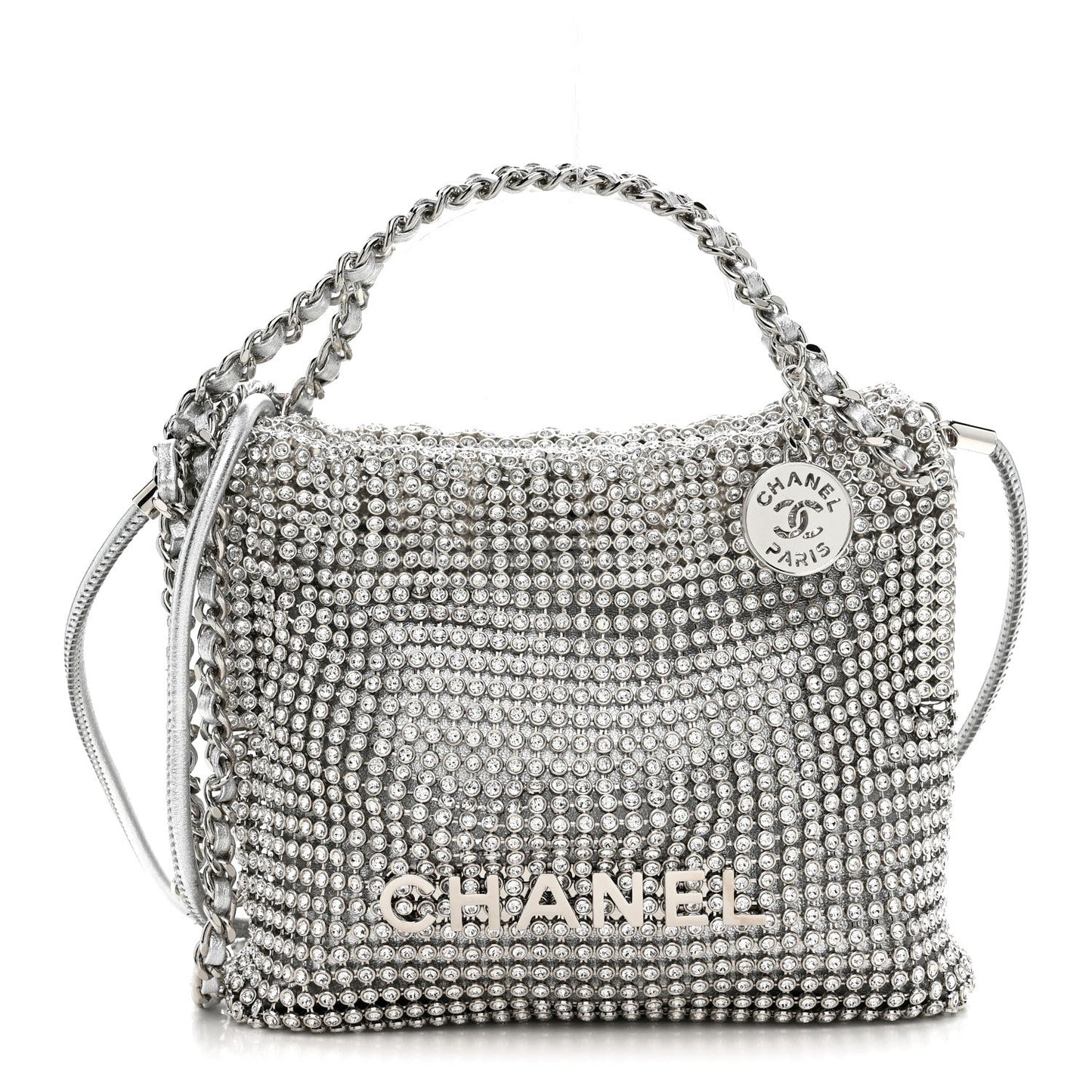 Crystal Embellished Metallic Lambskin Mini Chanel 22 Silver