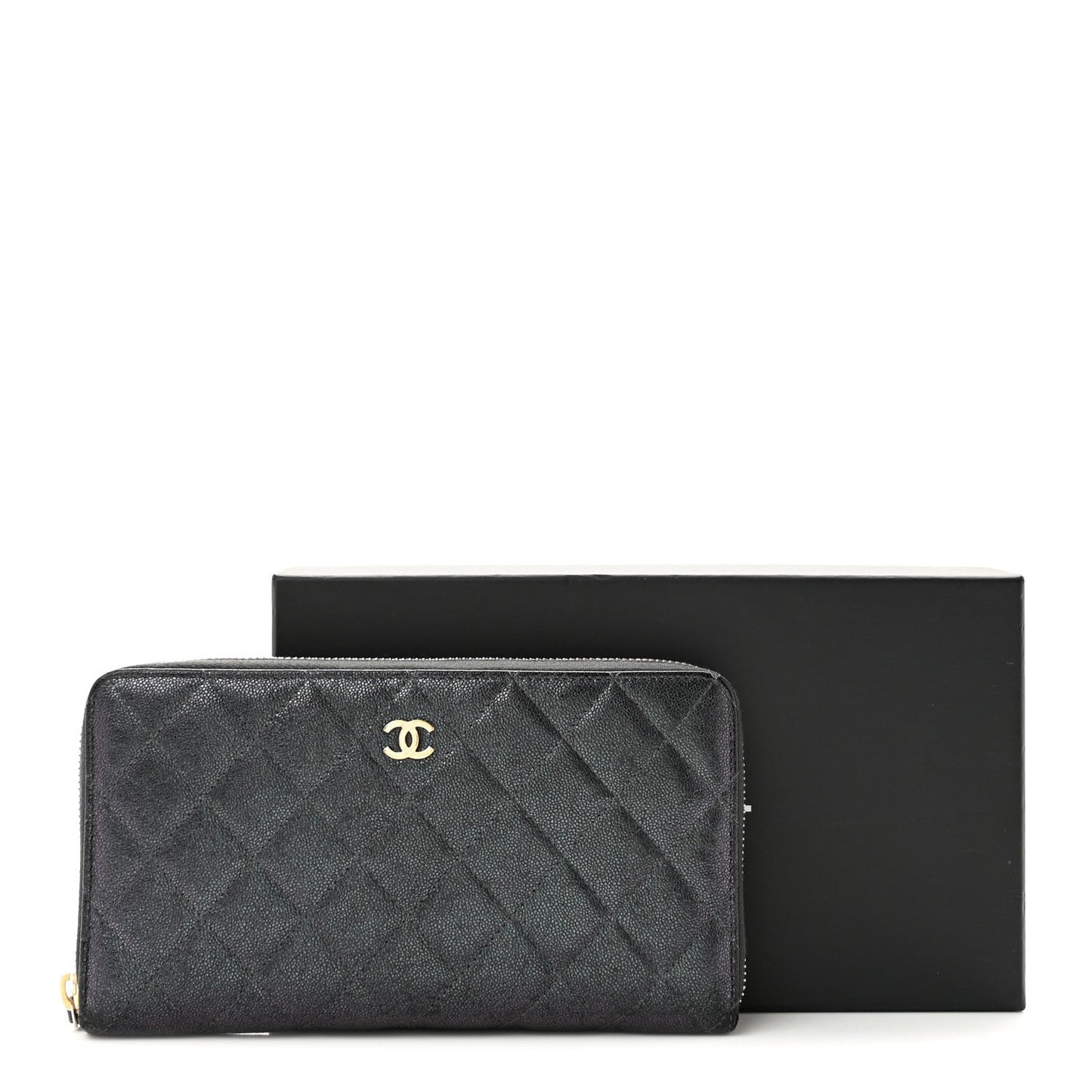 Iridescent Caviar Quilted Large Zip Around Organizer Wallet Black