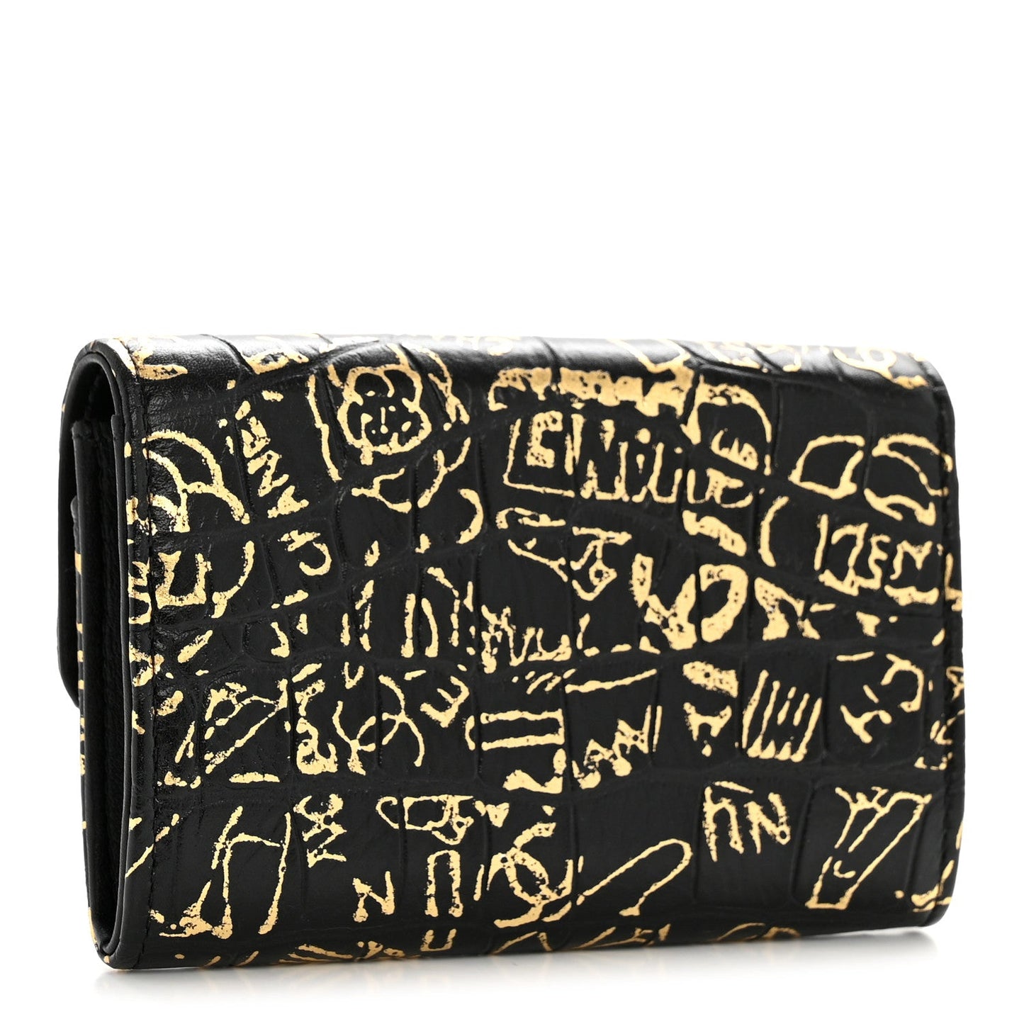 Calfskin Crocodile Embossed Graffiti 2.55 Crocodile Reissue Flap Card Holder Black Gold