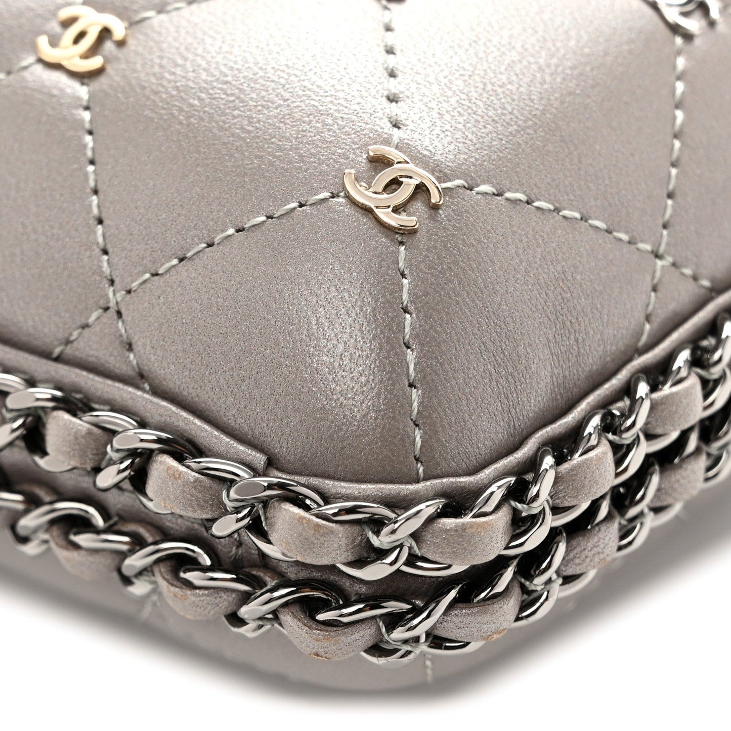Lambskin Quilted CC Studded Chain Around Clutch Grey