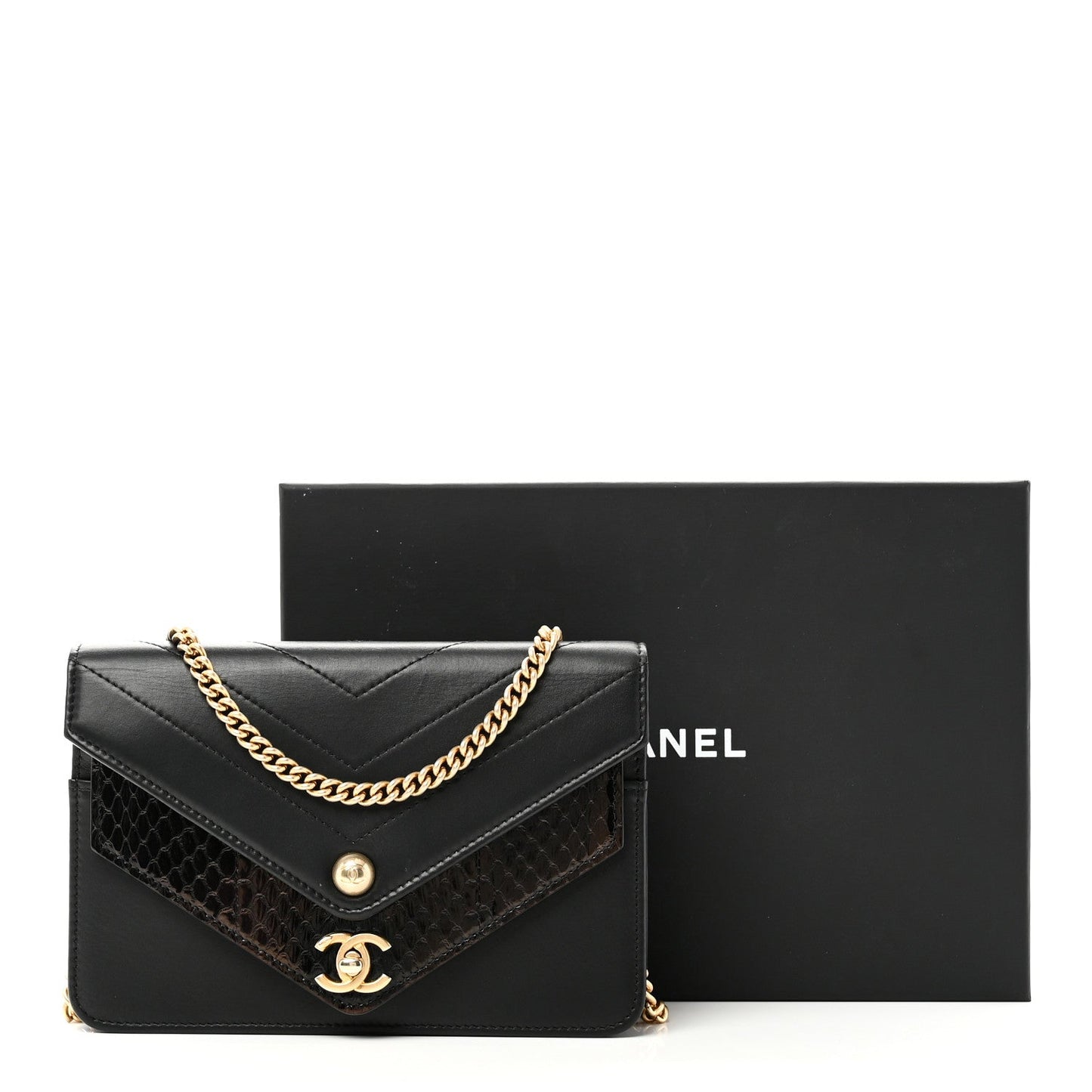 Calfskin Elaphe Double Chevron Mini Wallet On Chain WOC Black Black