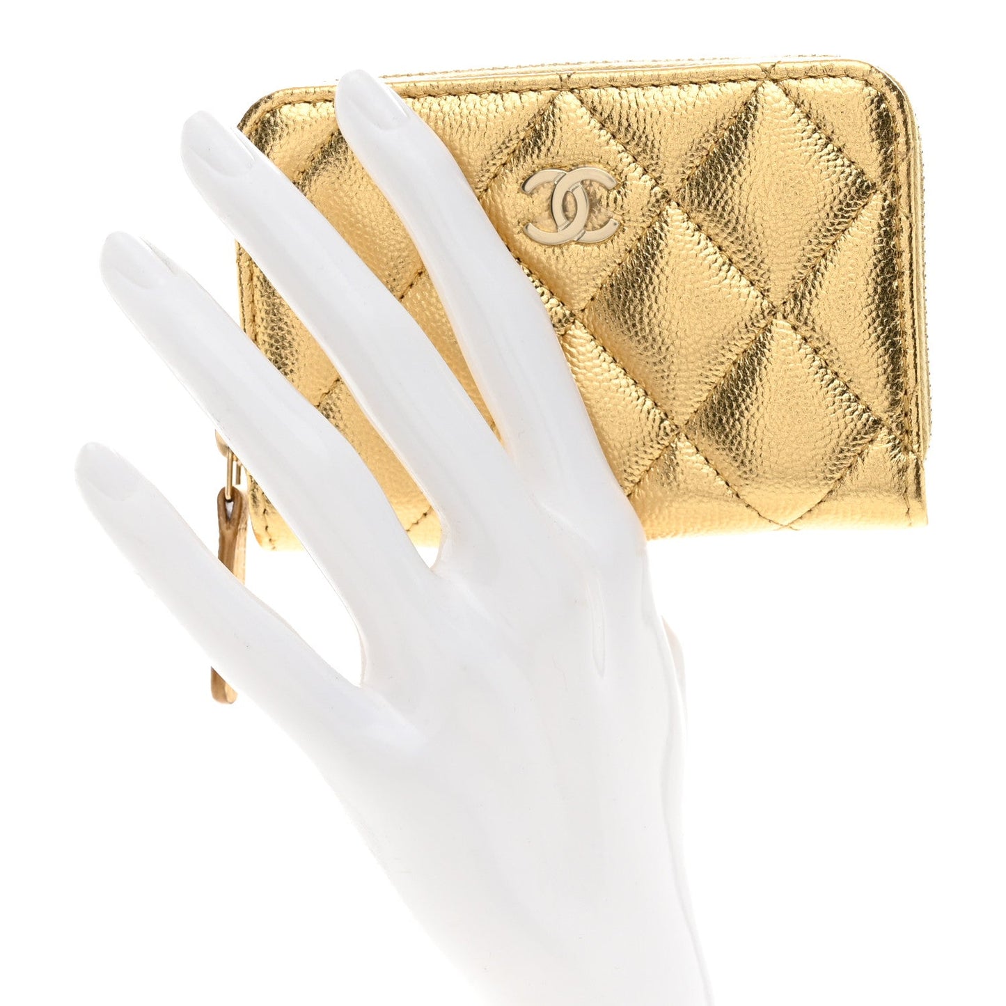 Metallic Caviar Quilted Zip Around Coin Purse Wallet  Gold
