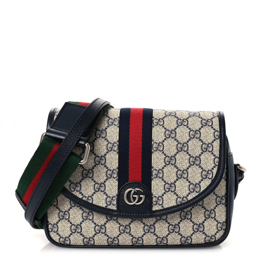 GG Supreme Monogram Textured Dollar Calfskin Web Studded Mini Ophidia Flap Shoulder Bag Beige Blue