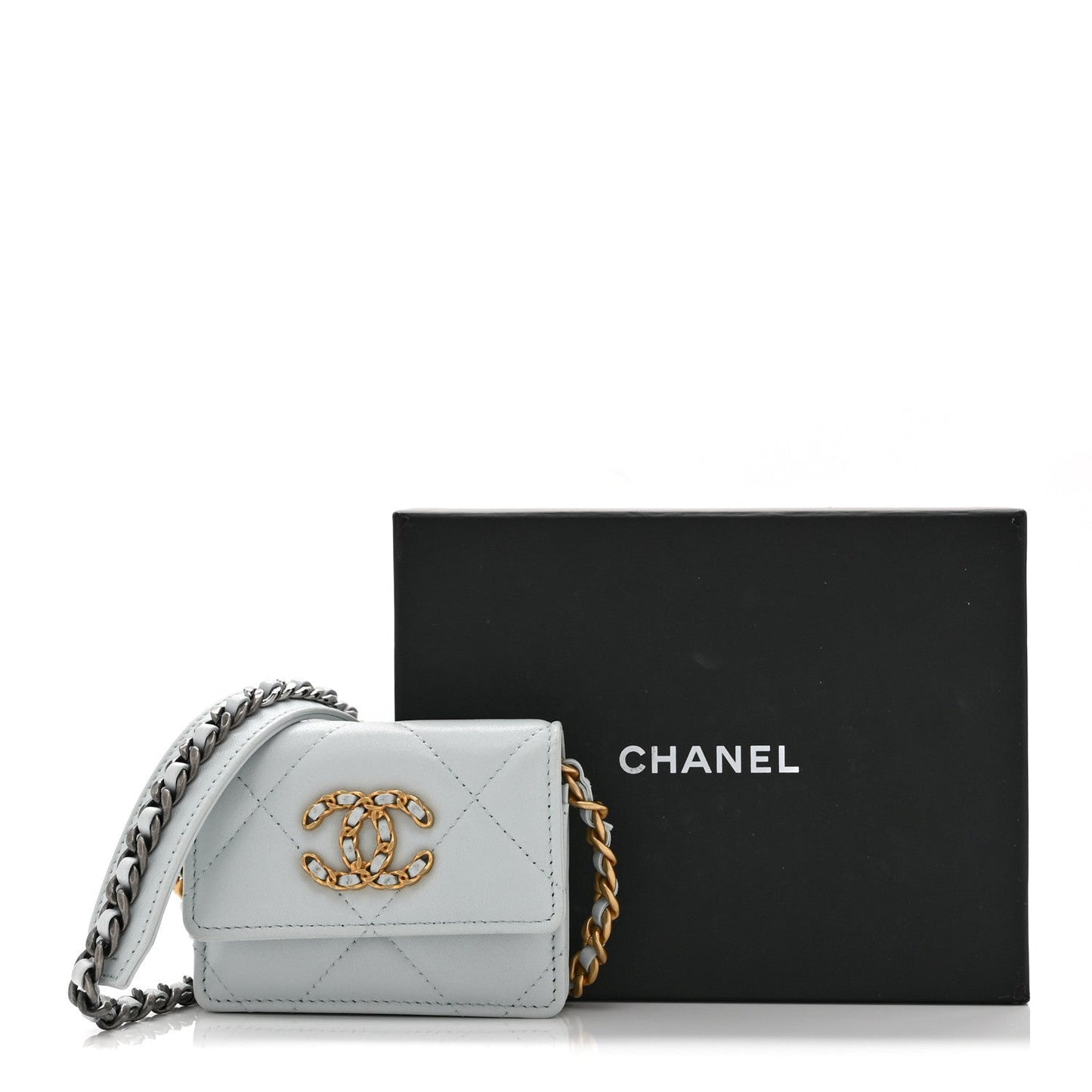 Lambskin Quilted Chanel 19 Flap Card Holder With Chain Light Blue