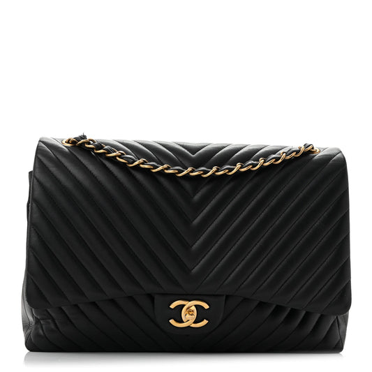 Lambskin Chevron Quilted Maxi Double Flap Black
