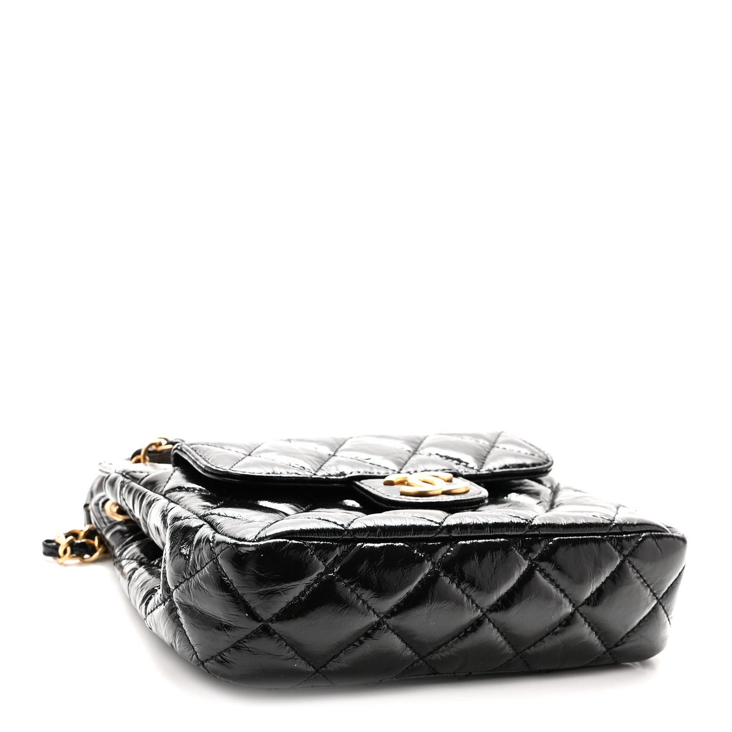 Shiny Crumpled Calfskin Quilted Small Wavy CC Hobo Black
