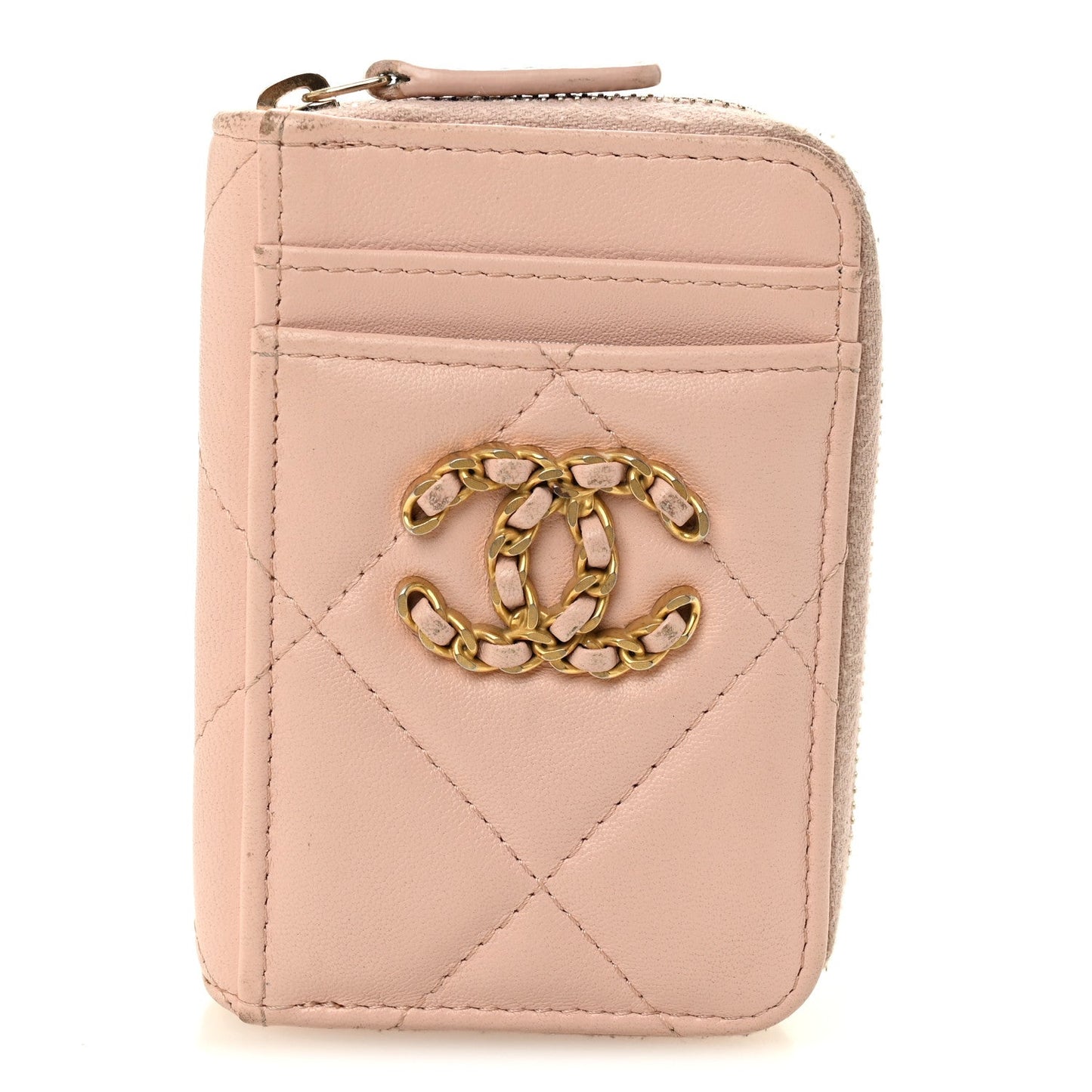 Lambskin Quilted Chanel 19 Vertical Zip Card Holder Wallet Light Pink