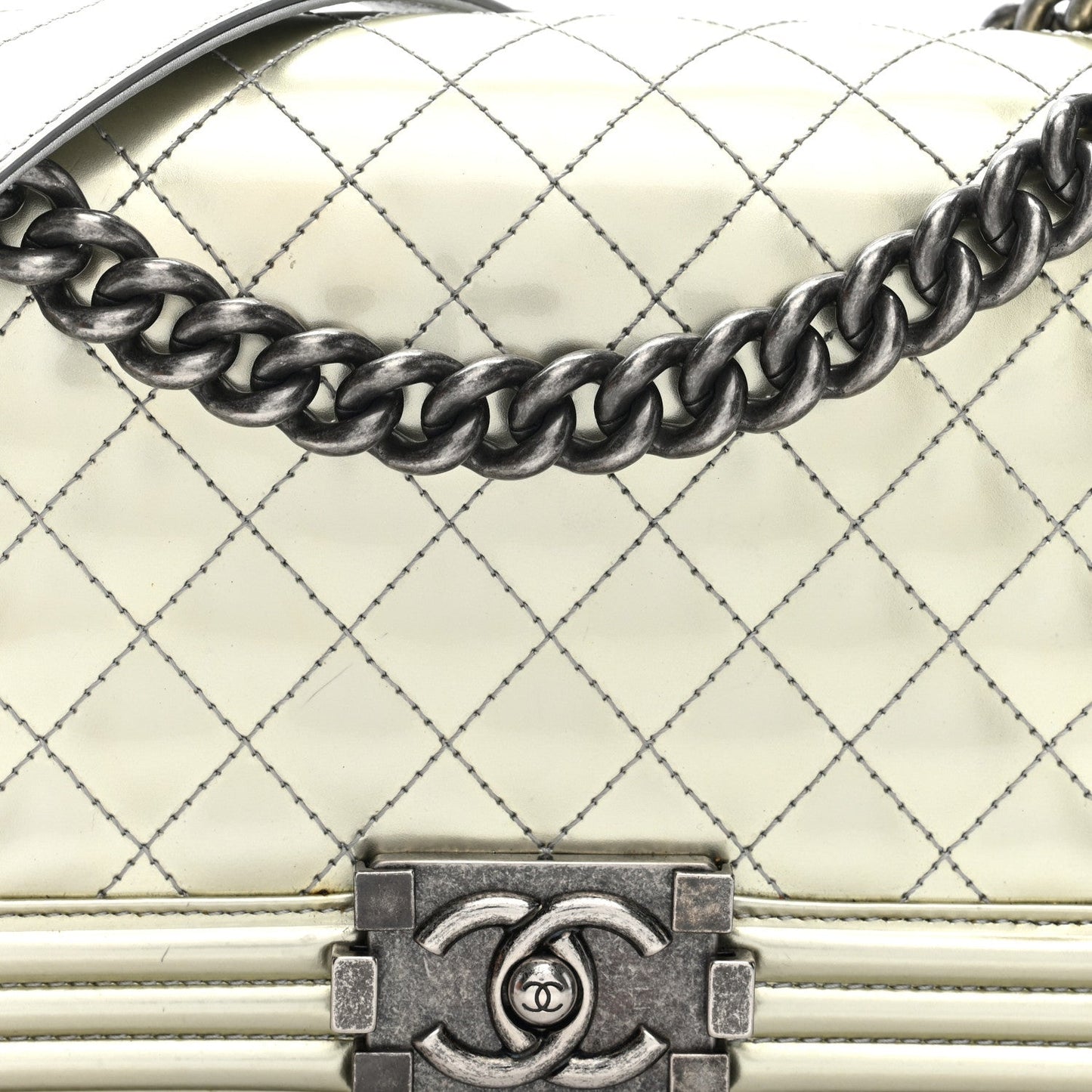 Metallic Patent Calfskin Quilted Medium Boy Flap Silver