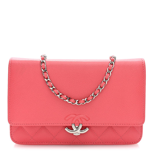 Grained Calfskin Quilted CC Box Wallet On Chain WOC Pink