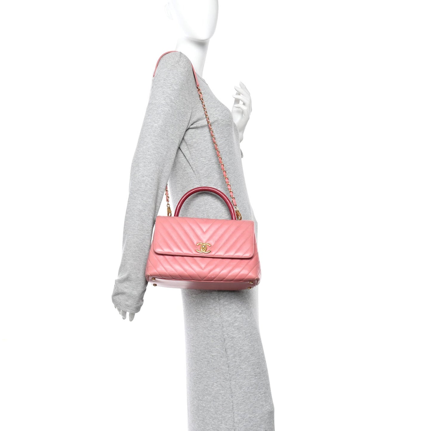 Calfskin Lizard Chevron Quilted Small Coco Handle Flap Pink
