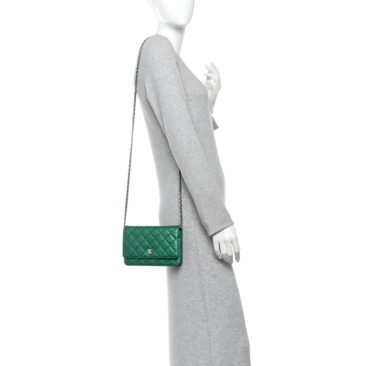 Metallic Caviar Quilted Wallet On Chain WOC Green