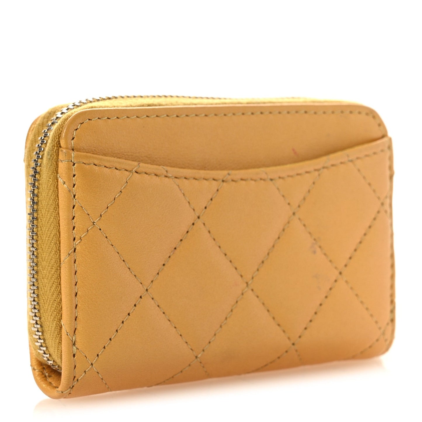 Metallic Lambskin Quilted Zip Around Coin Purse Wallet Yellow
