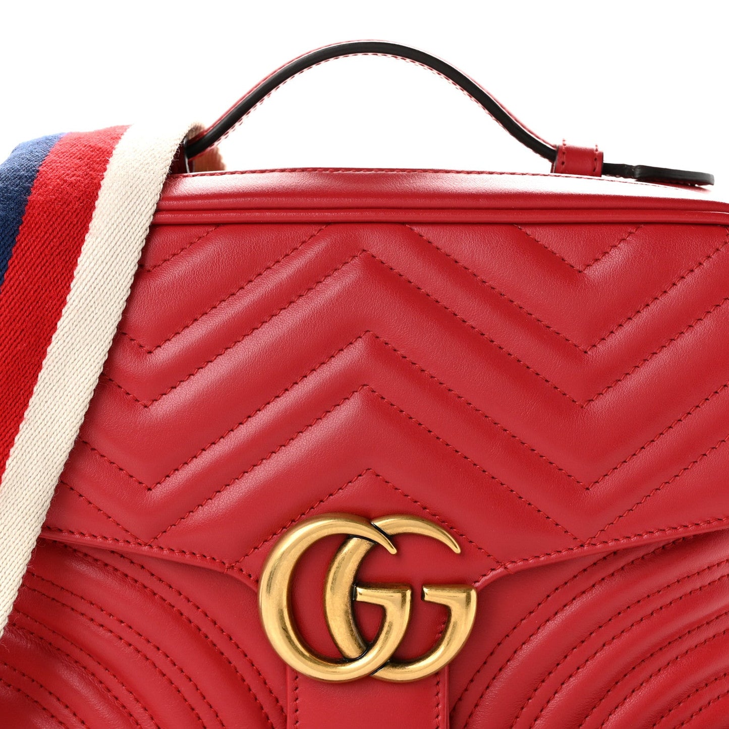 Calfskin Matelasse Sylvie Web Small GG Marmont Top Handle Shoulder Bag Hibiscus Red