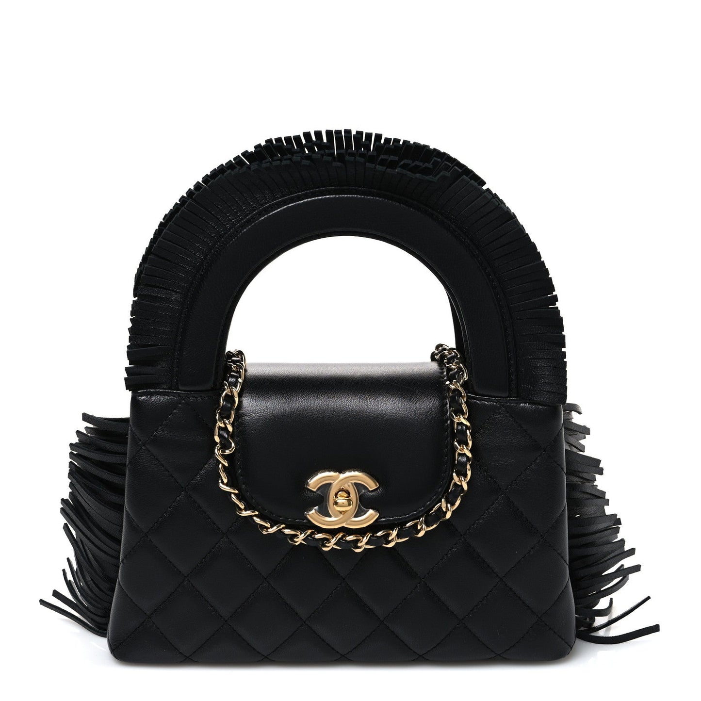 Lambskin Fringe Nano Kelly Shopper Black