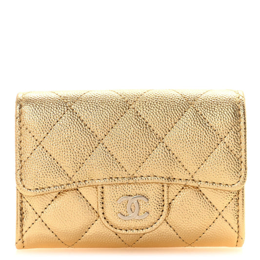 Metallic Caviar Quilted Flap Card Holder Wallet Gold