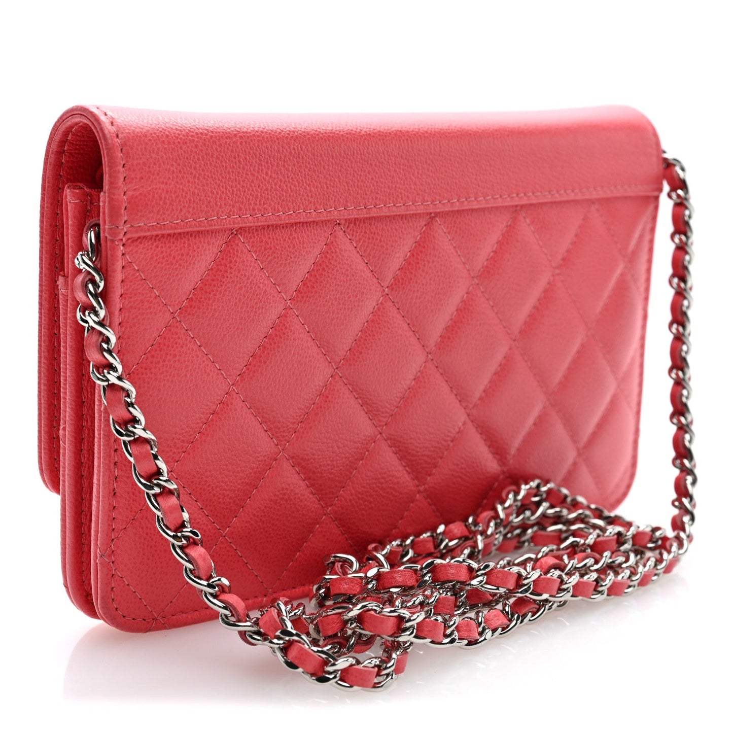 Grained Calfskin Quilted CC Box Wallet On Chain WOC Pink