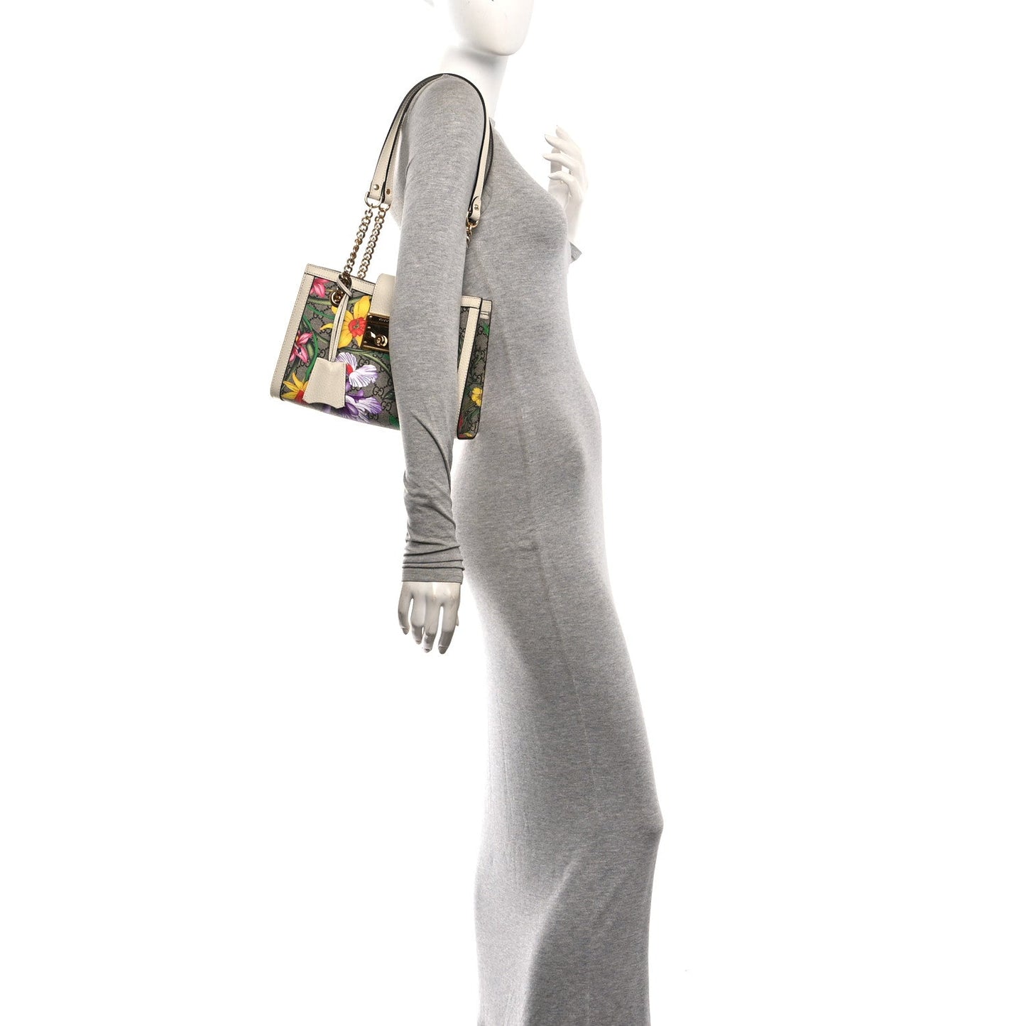 GG Supreme Monogram Flora Textured Calfskin Small Padlock Tote Beige Ebony Multicolor Mystic White