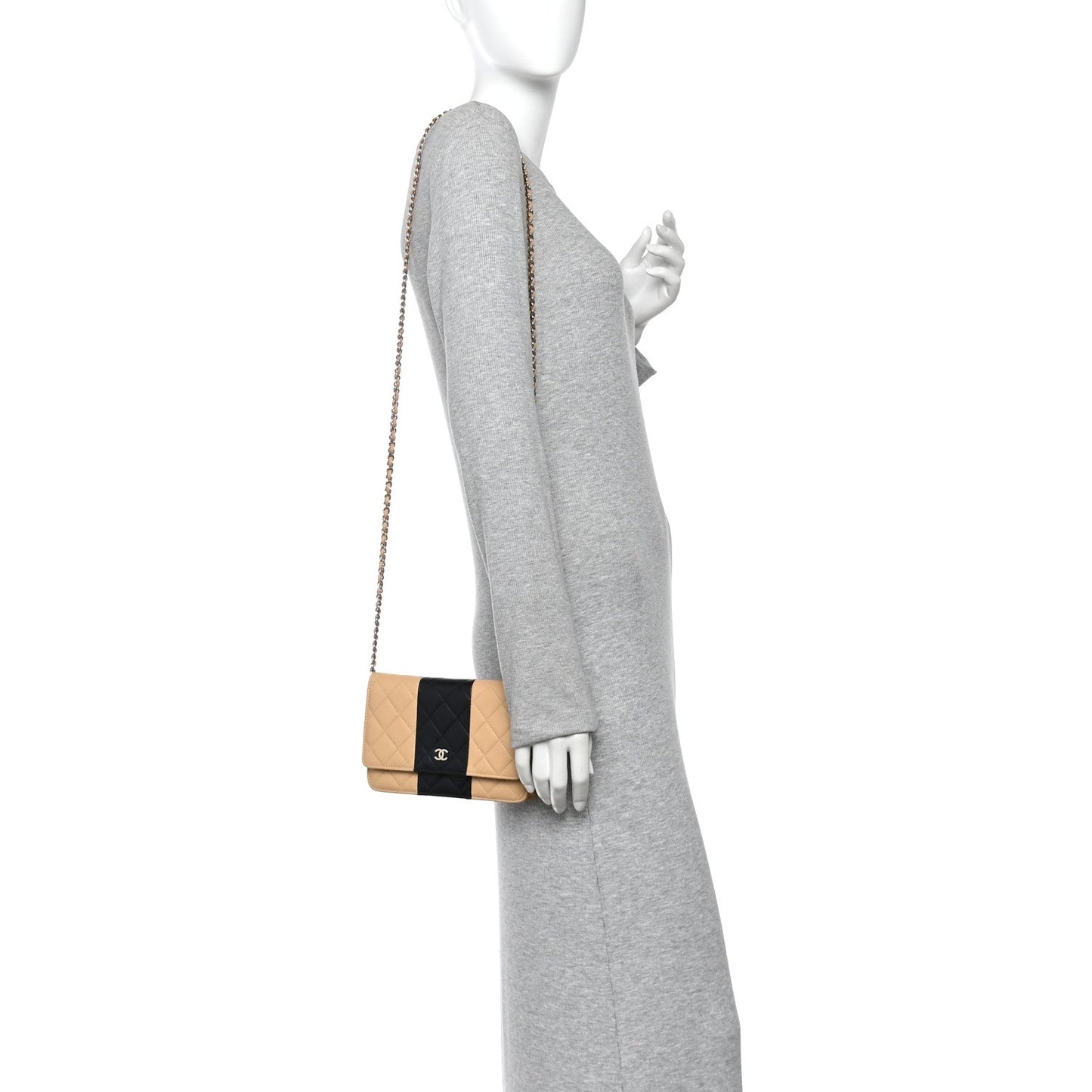 Lambskin Quilted Wallet On Chain WOC Beige Black