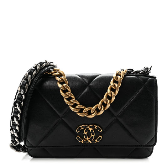 Lambskin Quilted Chanel 19 Wallet On Chain WOC Black
