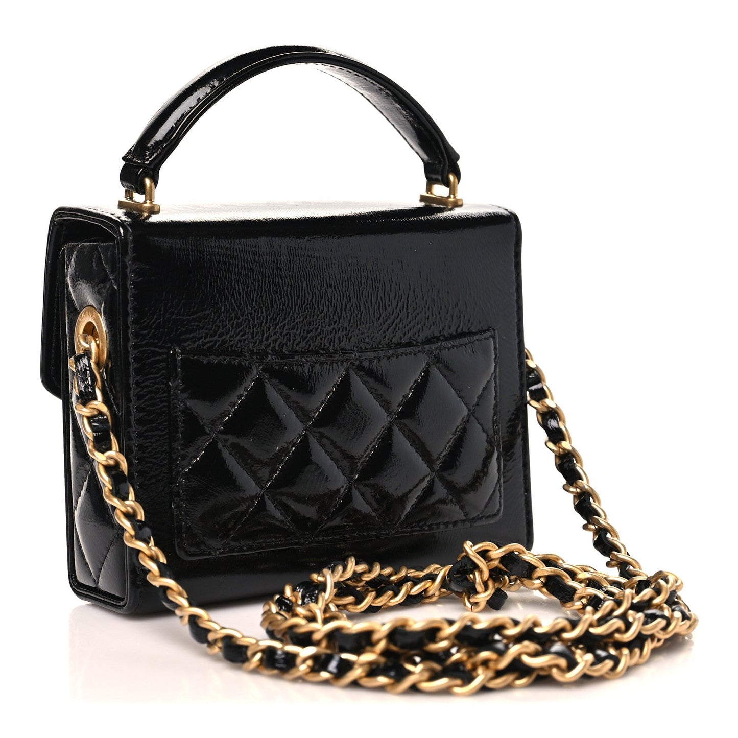 Shiny Lambskin Quilted Top Handle Card Holder On Chain Black
