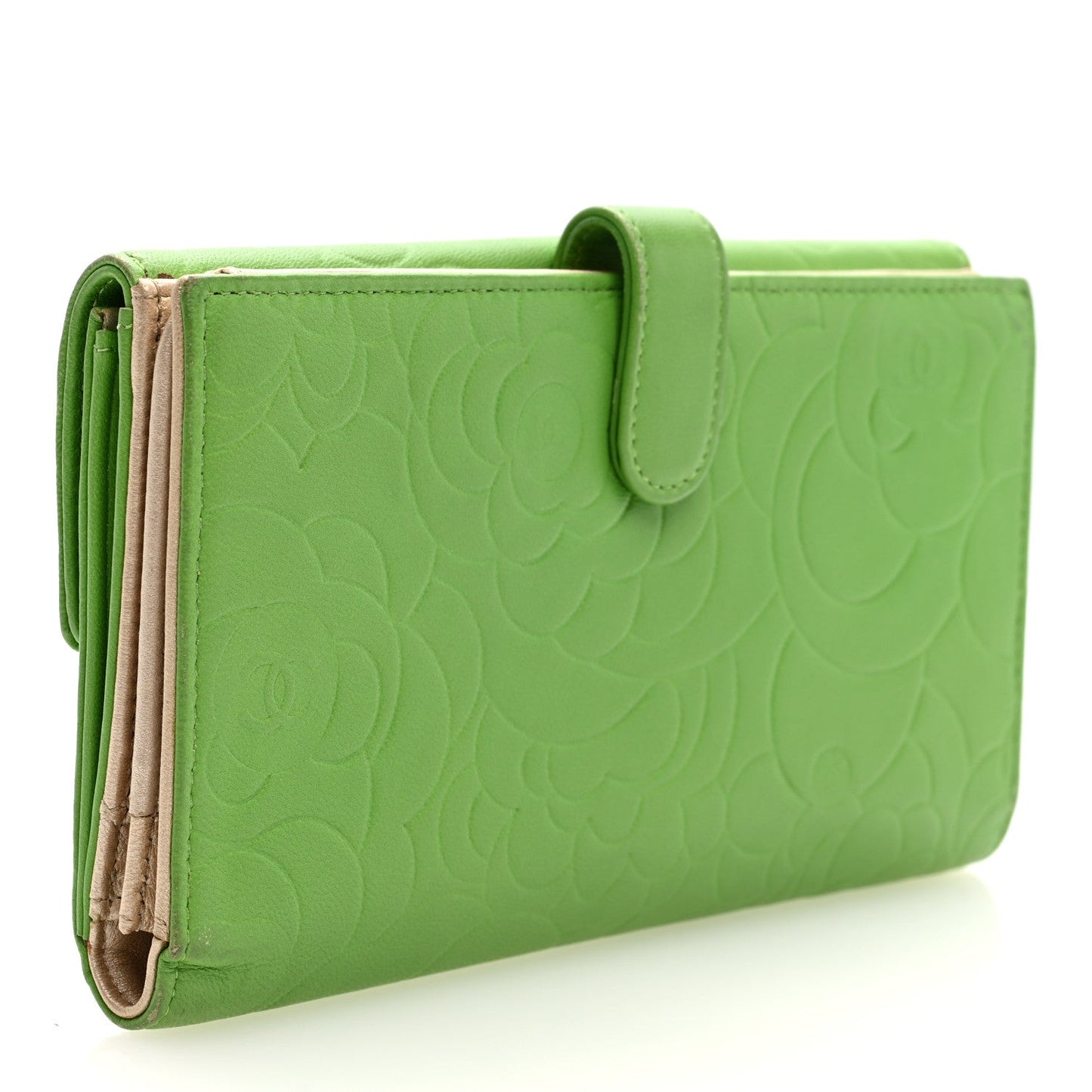 Lambskin Embossed Camellia Large Gusset Flap Wallet Green