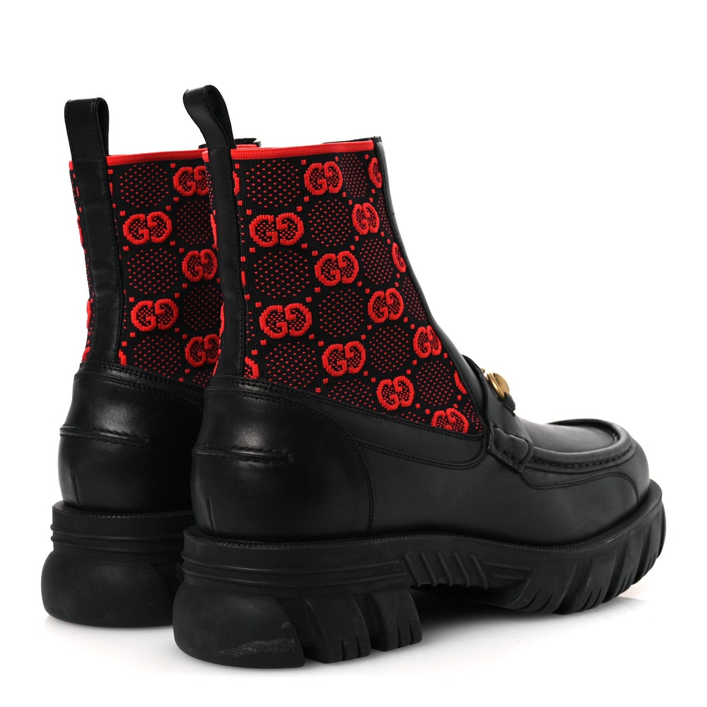 Quebec Calfskin Technical Jersey Knit GG Monogram Mens Horsebit Ankle Boots 11.5 Black Light Hibiscus Red