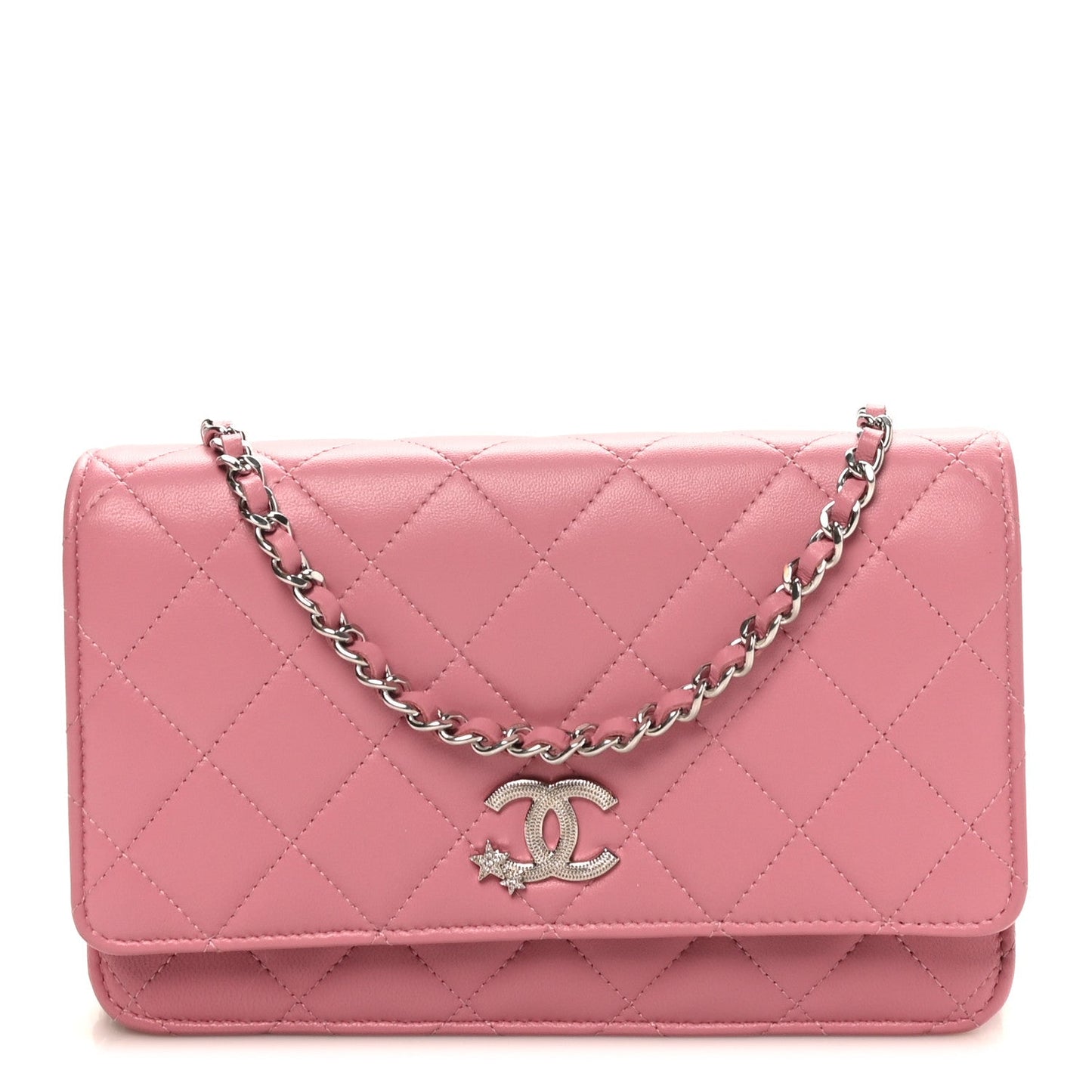 Lambskin Quilted Crystal Star Wallet On Chain WOC Pink