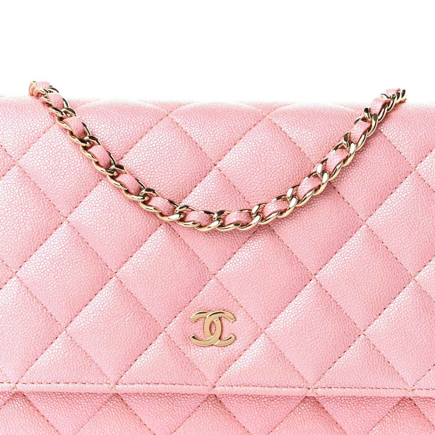 Iridescent Caviar Quilted Wallet on Chain WOC Rose Pink