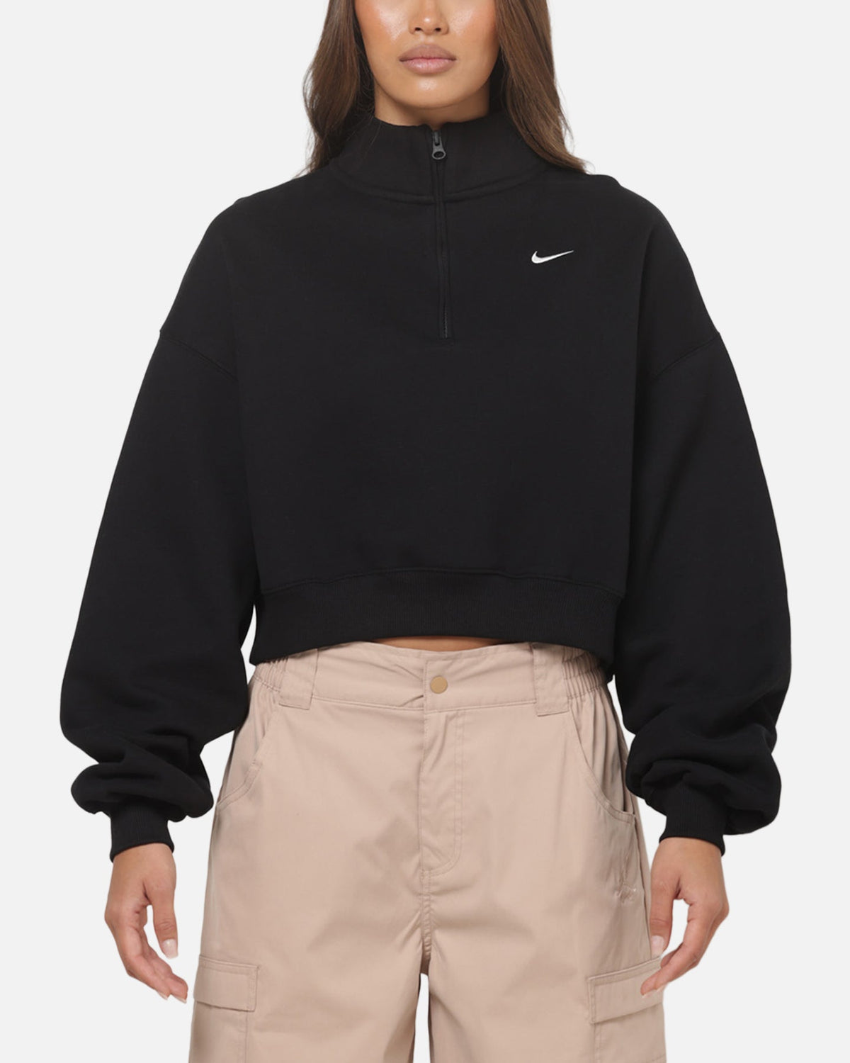 Nike Women's Studio Fleece Oversized 1/4-Zip Cropped Top Black