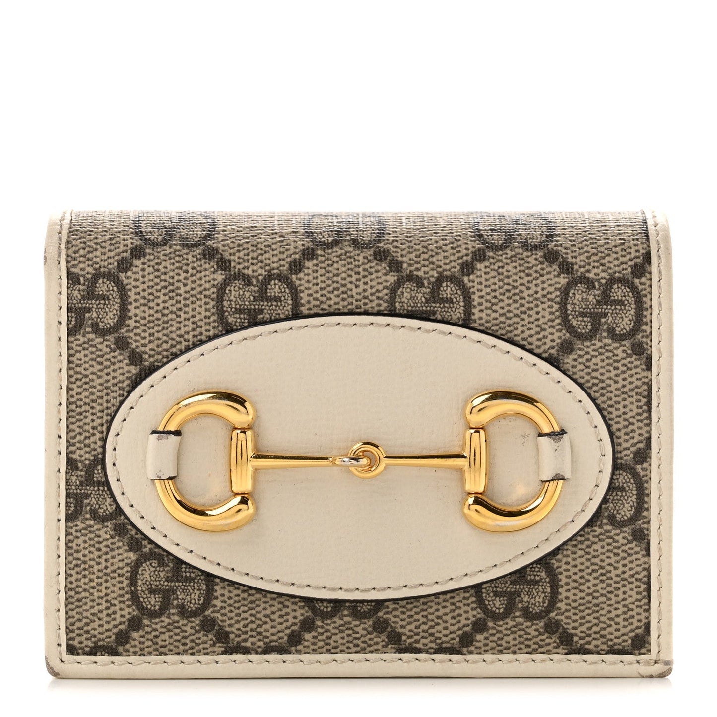 GG Supreme Monogram Azalea Calfskin Horsebit 1955 Card Case Wallet Beige Ebony Mystic White