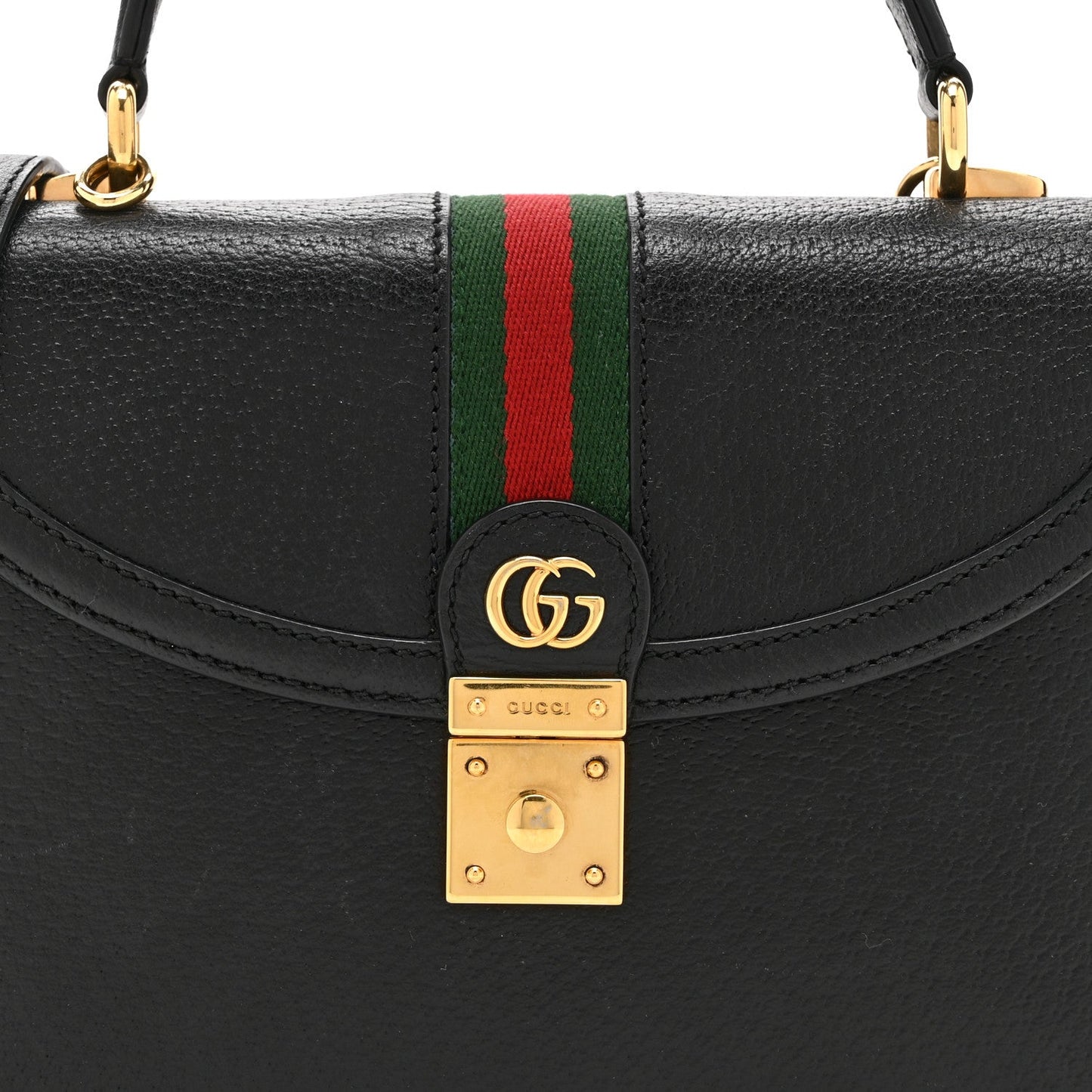 Textured Dollar Calfskin Web Small Ophidia Padlock Top Handle Bag Black