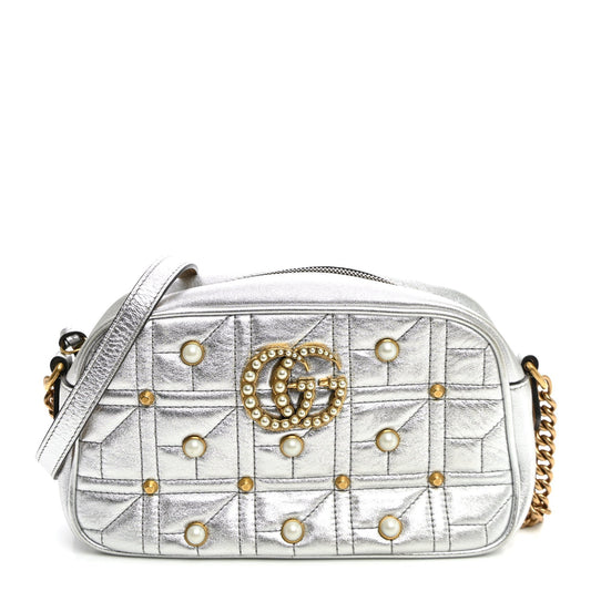 Metallic Calfskin Matelasse Studded Small Pearly GG Marmont Chain Shoulder Bag Silver
