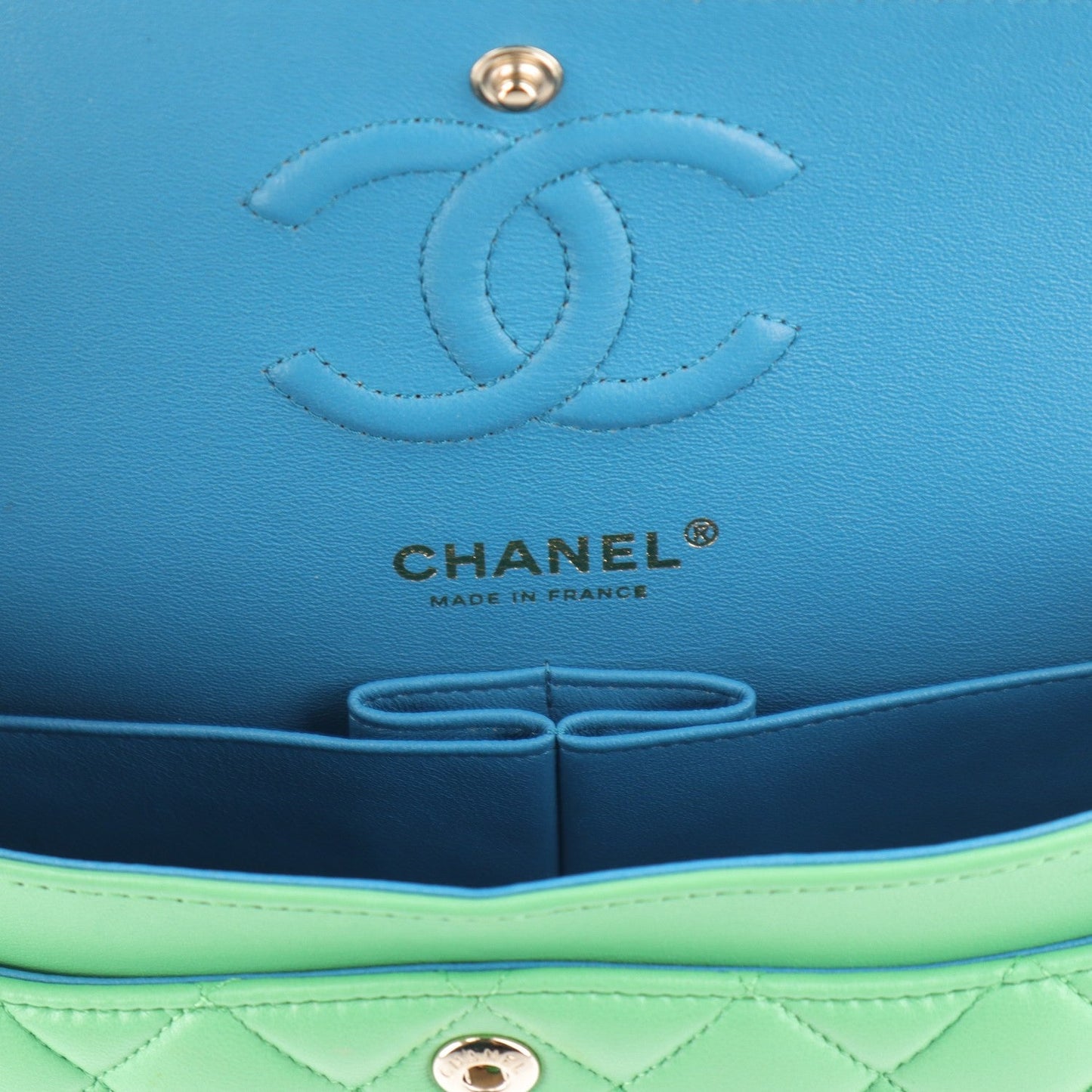 Lambskin Quilted Small Double Flap Green Blue