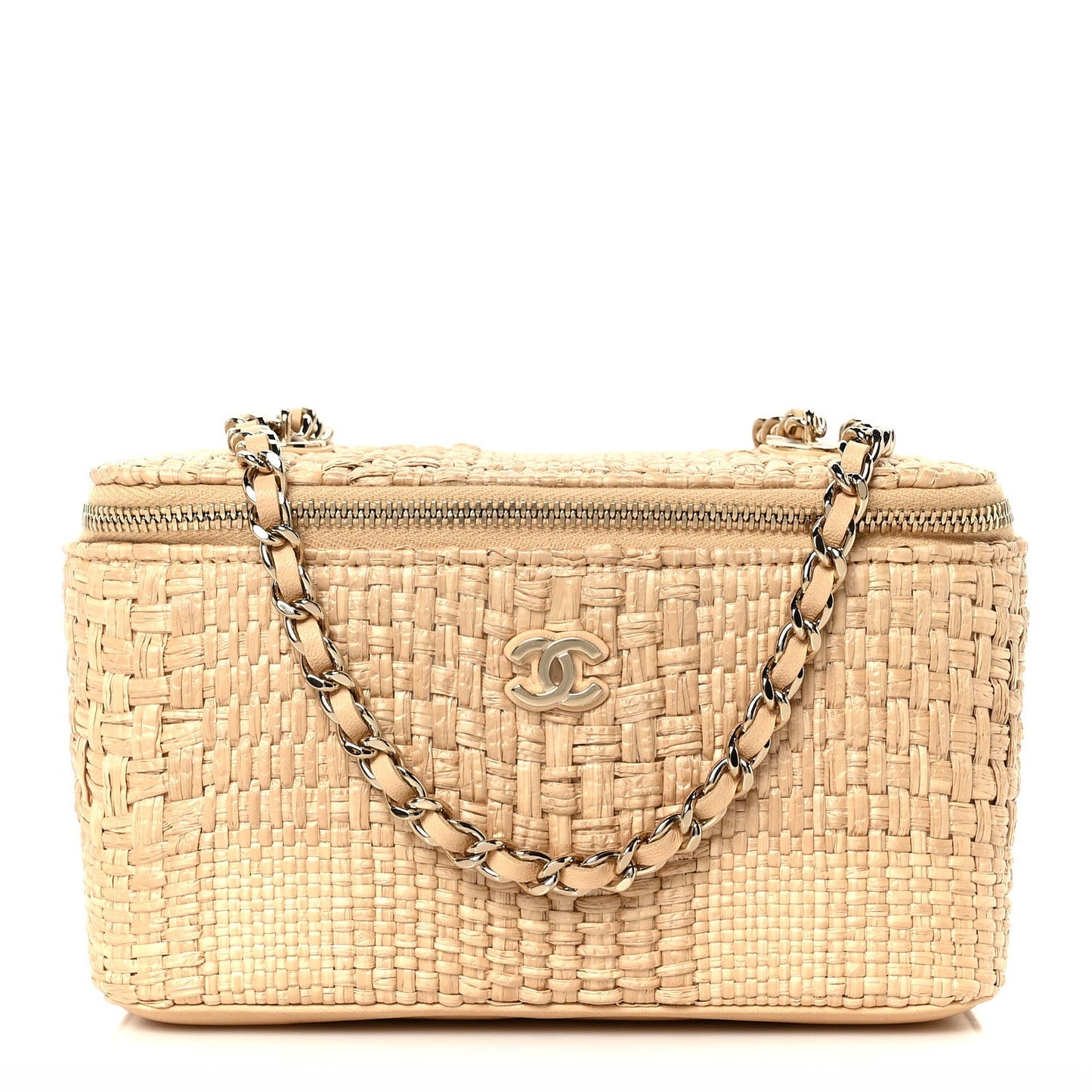 Braided Raffia Top Handle Slim Vanity Case With Chain Beige