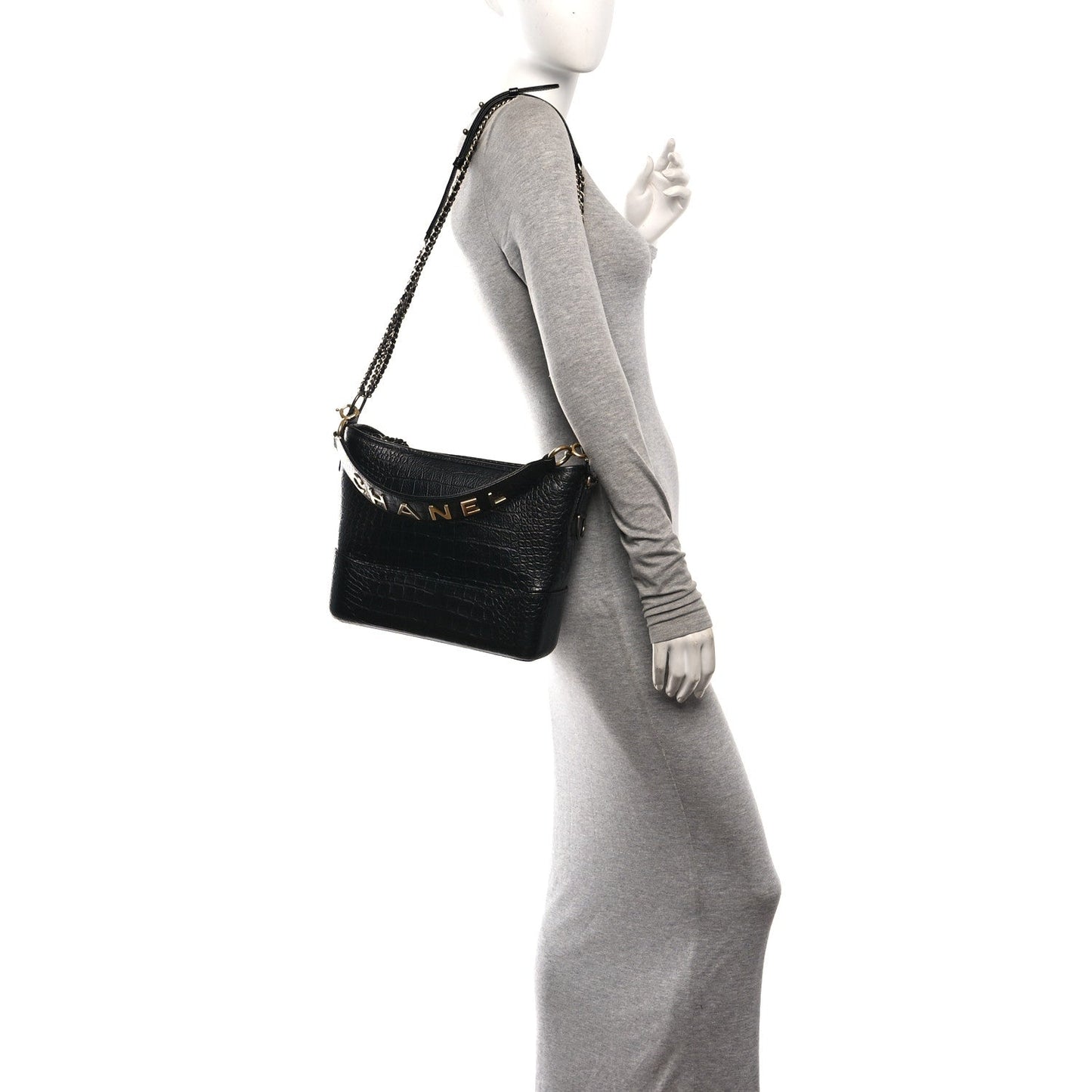 Crocodile Embossed Calfskin Medium Gabrielle Cocodile Hobo Black