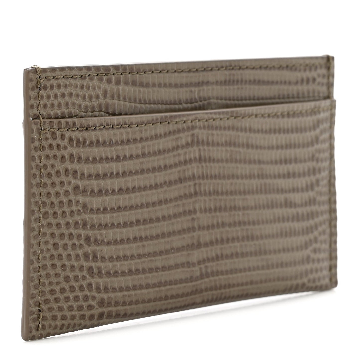 Calfskin Lizard Embossed Card Holder Gold Dark Khaki