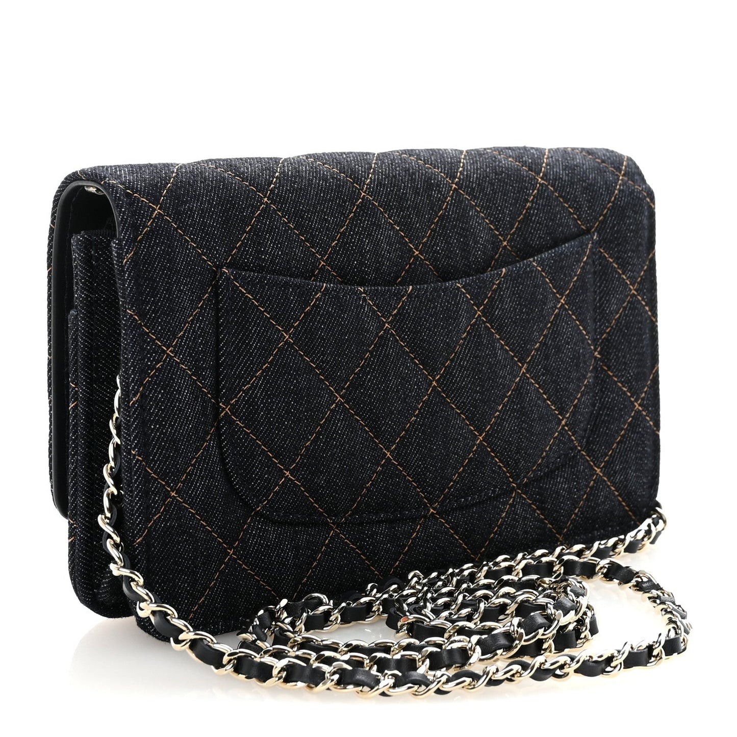 Denim Quilted CC Turnlock Wallet On Chain WOC Dark Blue Orange