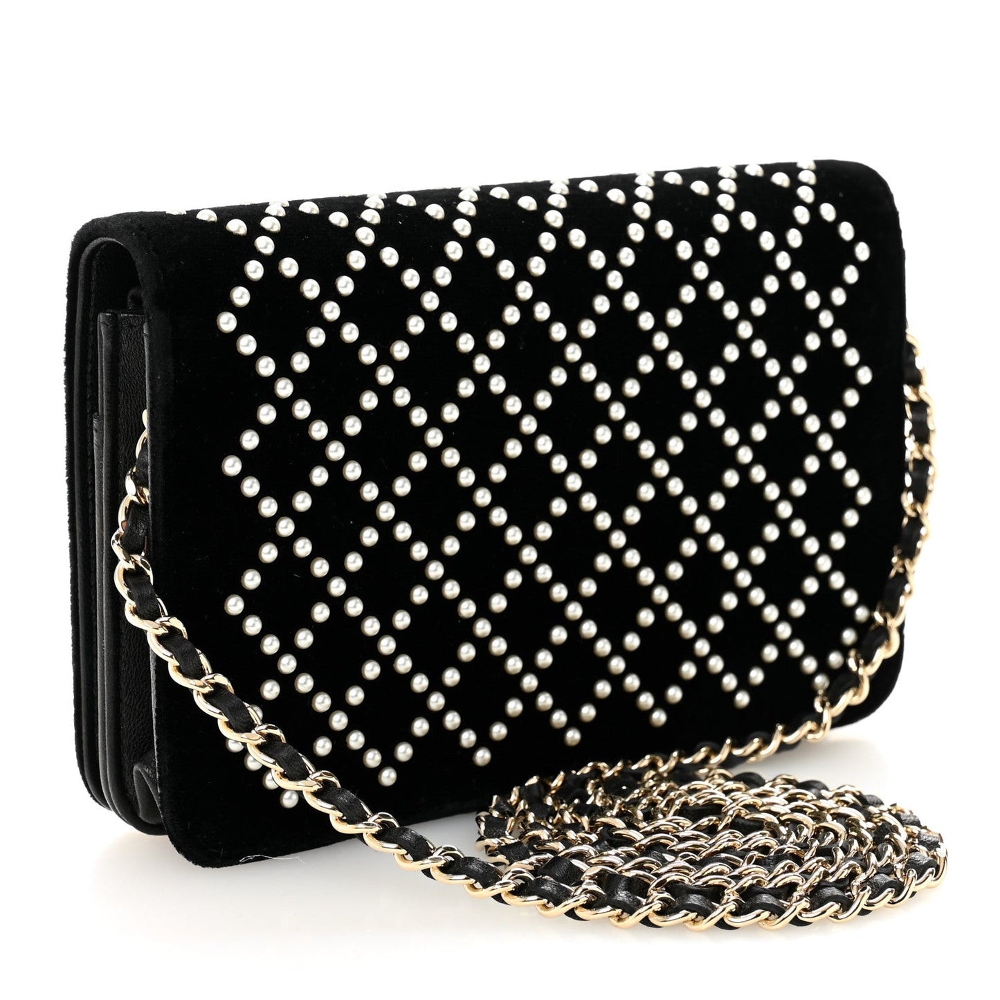 Velvet Pearl Diamond Embellished Wallet On Chain WOC Black