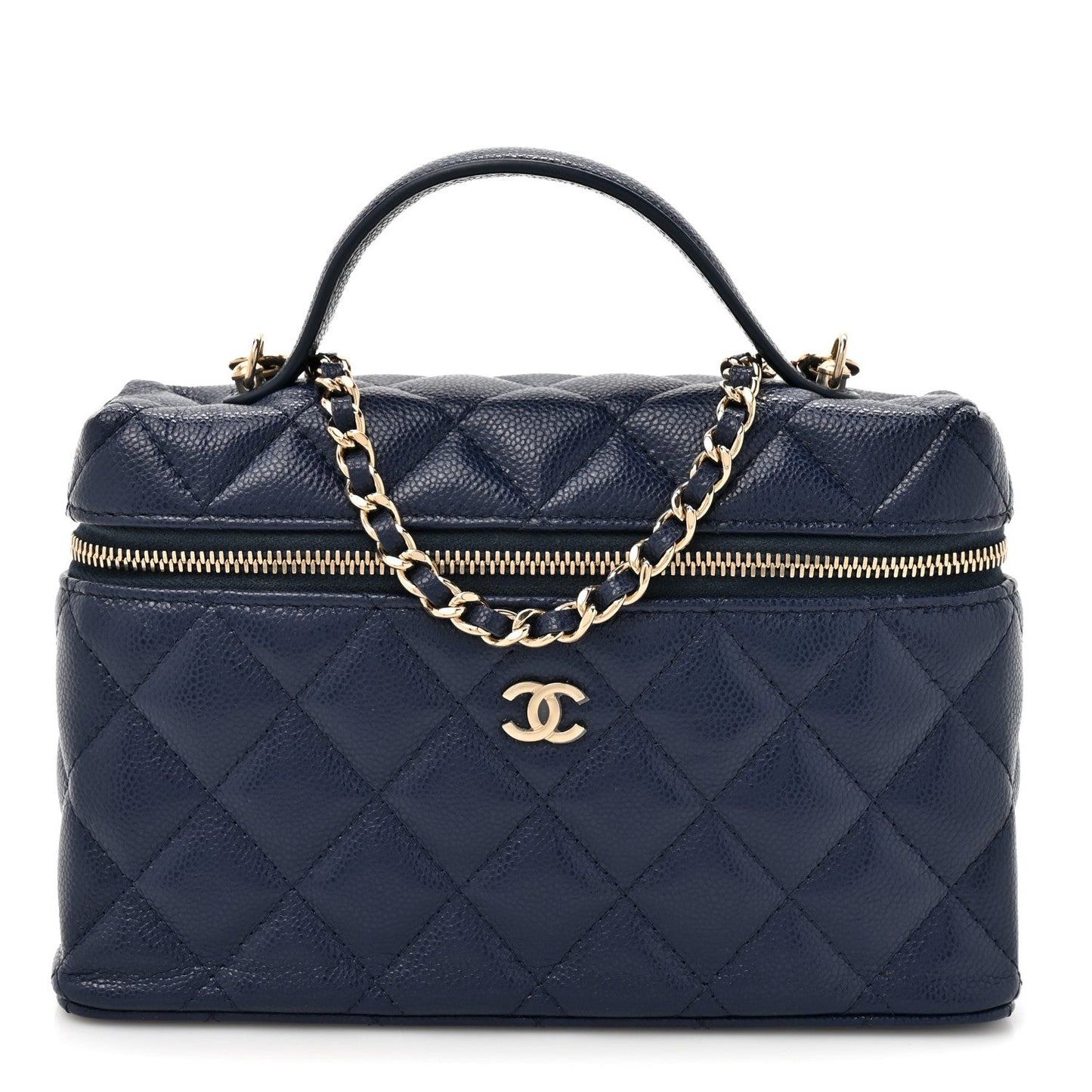 Caviar Quilted Top Handle Slim Vanity With Chain Navy
