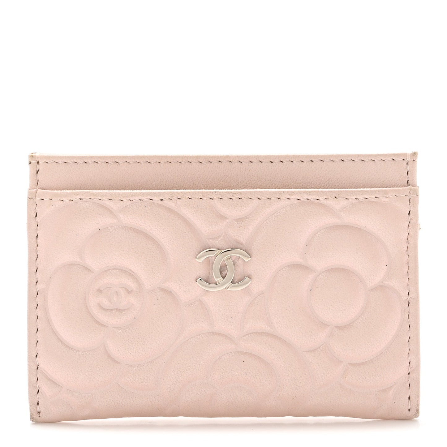 Iridescent Lambskin Camellia Embossed Card Holder Light Pink